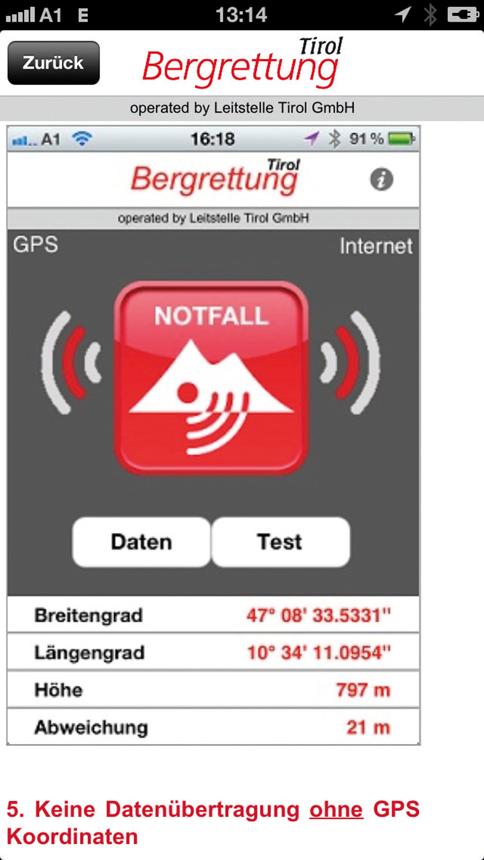 »Die Notfall-App der Tiroler Bergrettung« hat sich bewährt und  findet wahrscheinlich weitere Verbreitung. © Tiroler Bergrettung