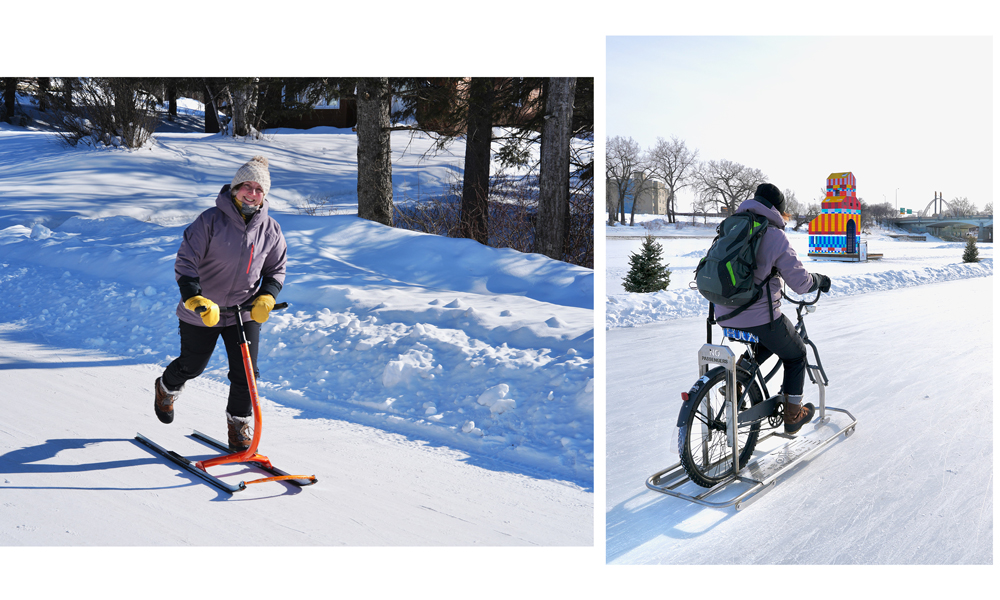 Person mit Kickschlitten und auf dem Eisfahrrad