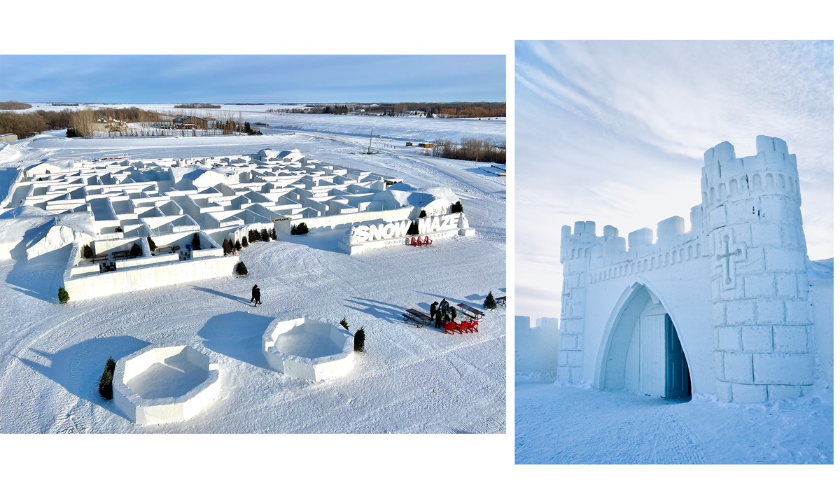 Luftaufnahme von einem Schneelabyrinth und einem Burgtor aus Schnee