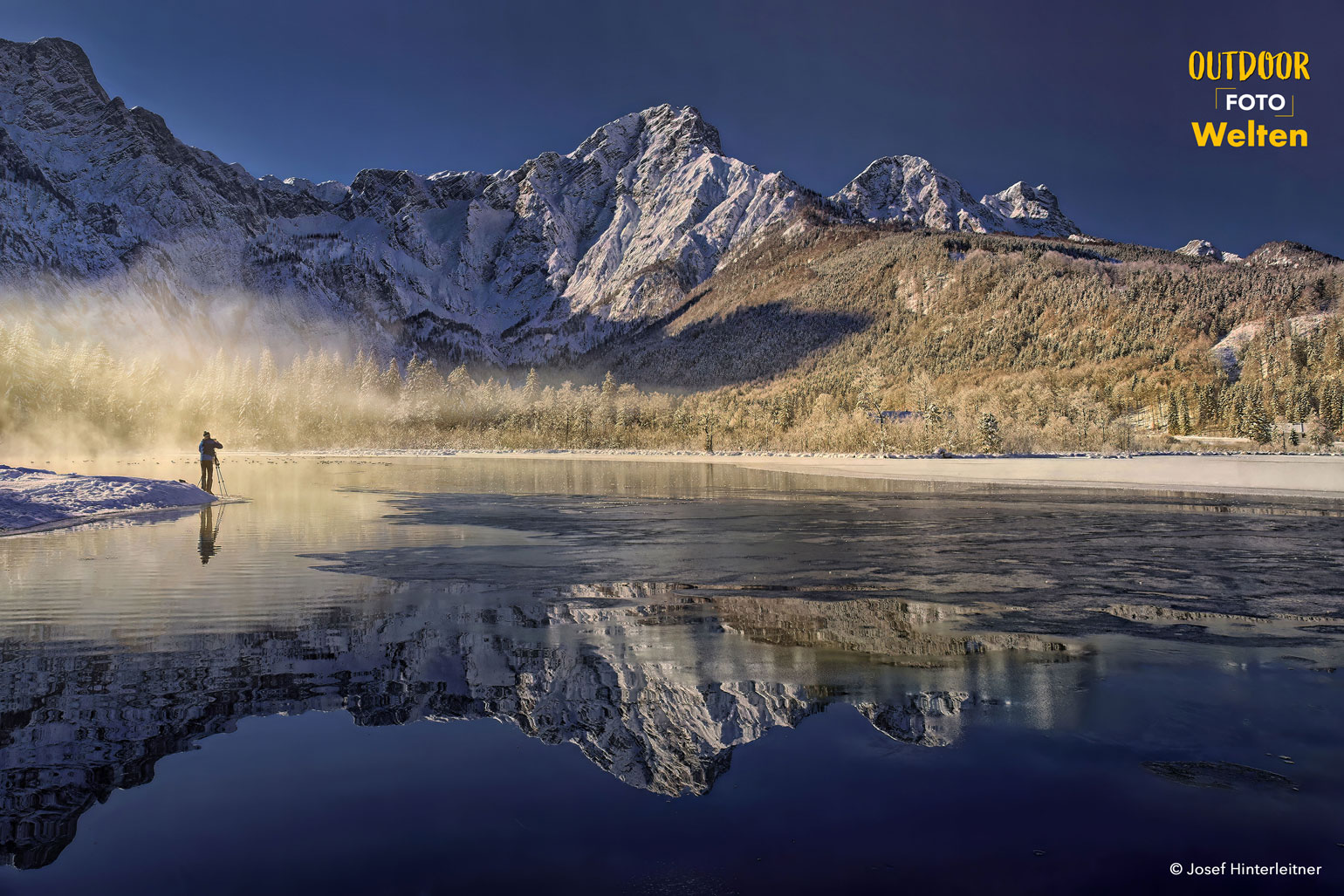 Ein Fotograf steht mit Stativ an einem Bergsee, in dem sich die schneebedeckten Berge im Hintergrund spiegeln.