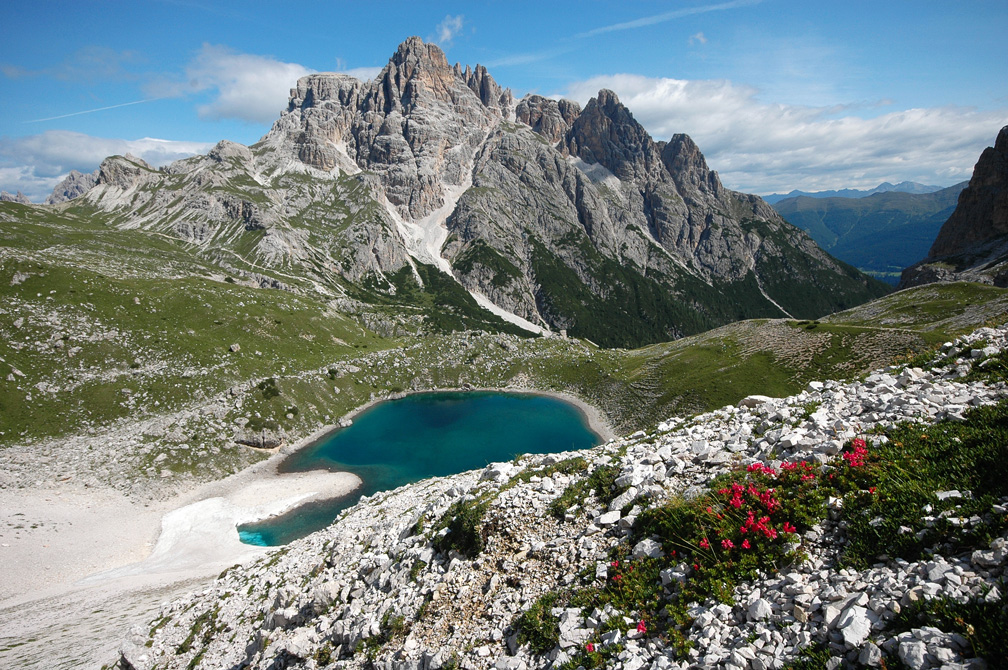 Ein tiefblauer Bergsee und eine pink blühende Pflanze in der Mitte von Geröll und spitzen Gipfeln