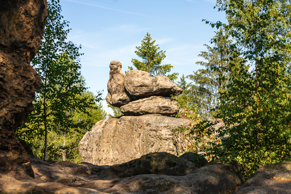 Ein markanter wie rund geschliffener Felsen im Wald.